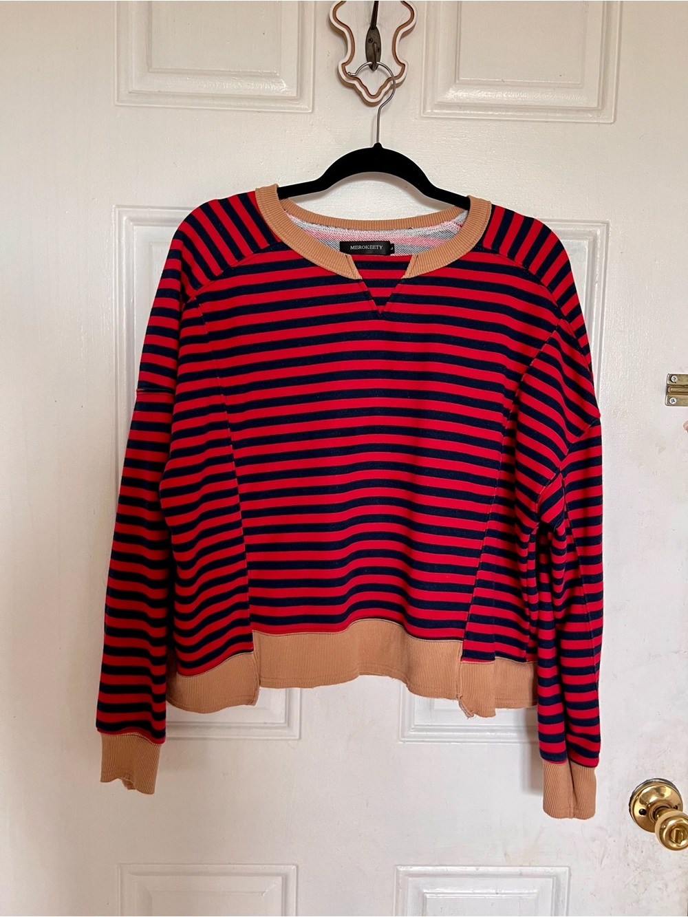 Merokeety | Red & Navy Striped Crewneck Sweater with Tan Trim